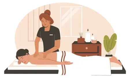 Illustrasjon av en dame som masserer en dame som ligger på benk